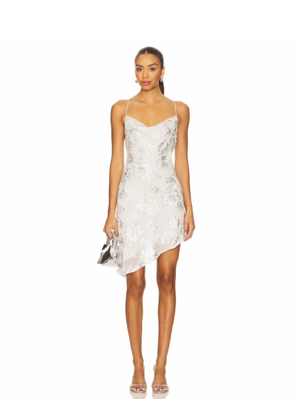 House of Harlow 1960 Revolve Faye Silver White Asymmetric Brocade Mini Dress NWT